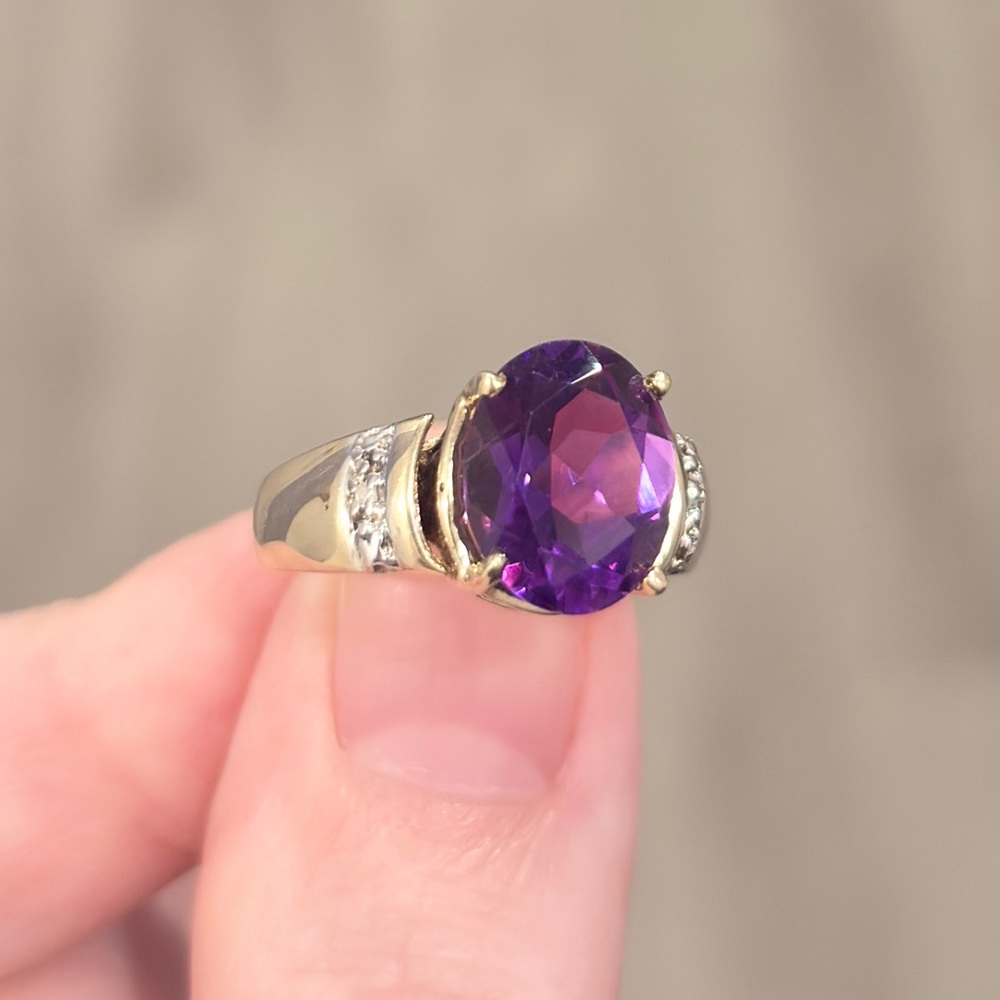 Vintage 10K Amethyst Ring: Diamond Accent Oval Solitaire Open Setting Size 6.75 - Picture 7 of 16